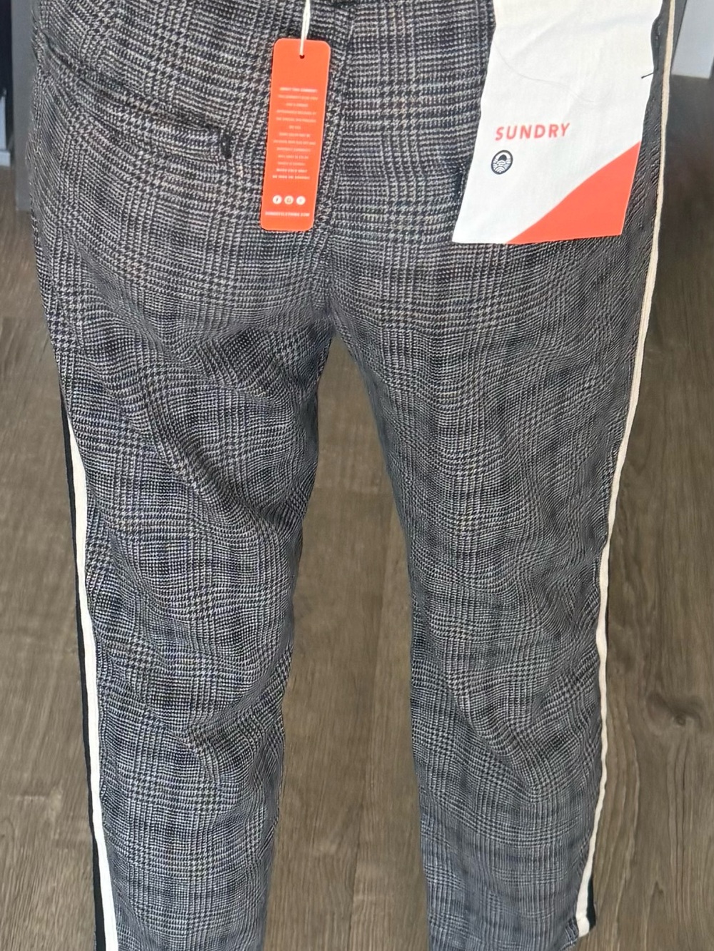 NEW Sundry Grey Plaid Pants with Cream & Black Side Stripes